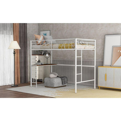 Twin Metal Bunk Bed with Desk, Ladder and Guardrails, Loft Bed for Bedroom, White