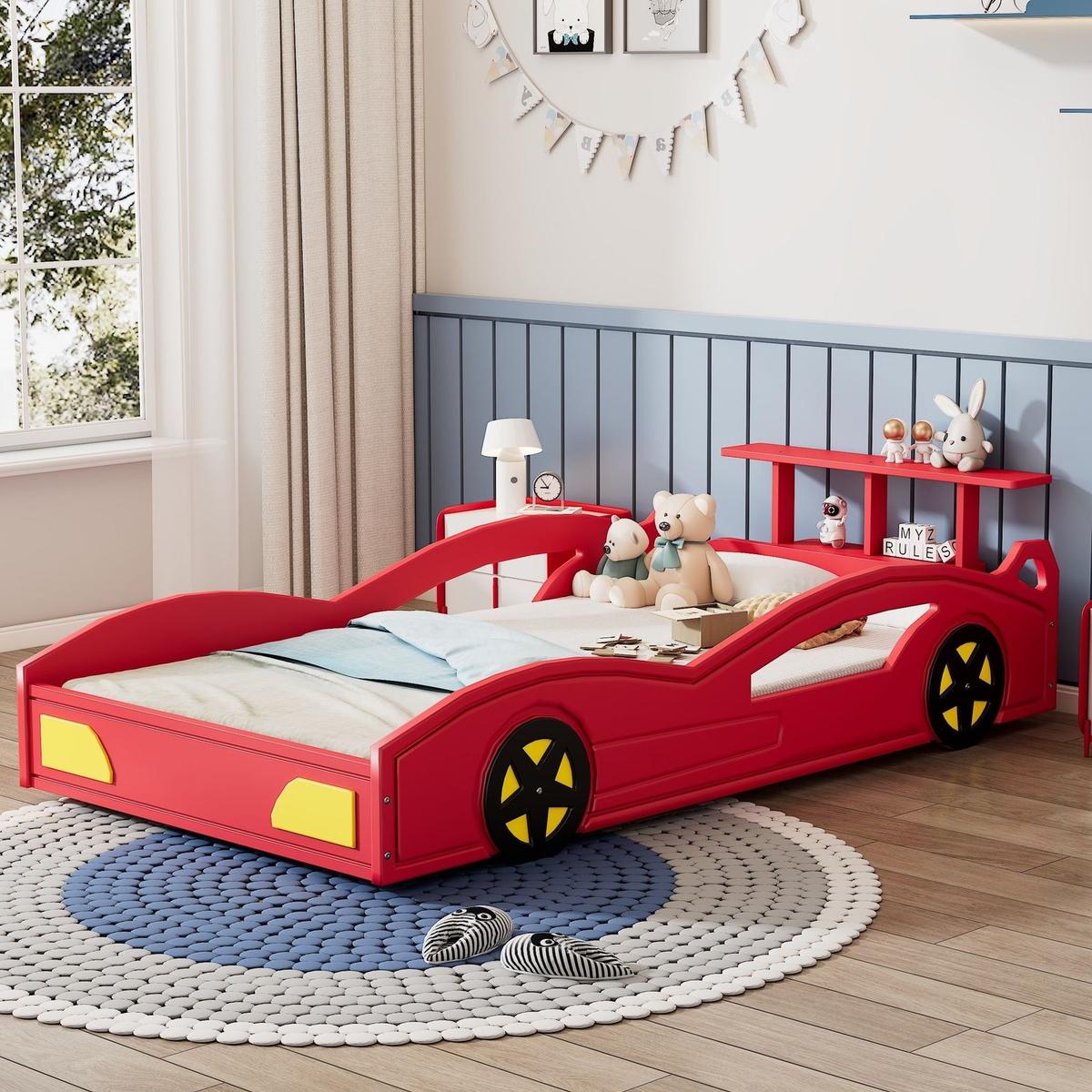 Wooden Race Car Bed,Car-Shaped Platform Twin Bed with Wheels For Teens,Red & Yellow