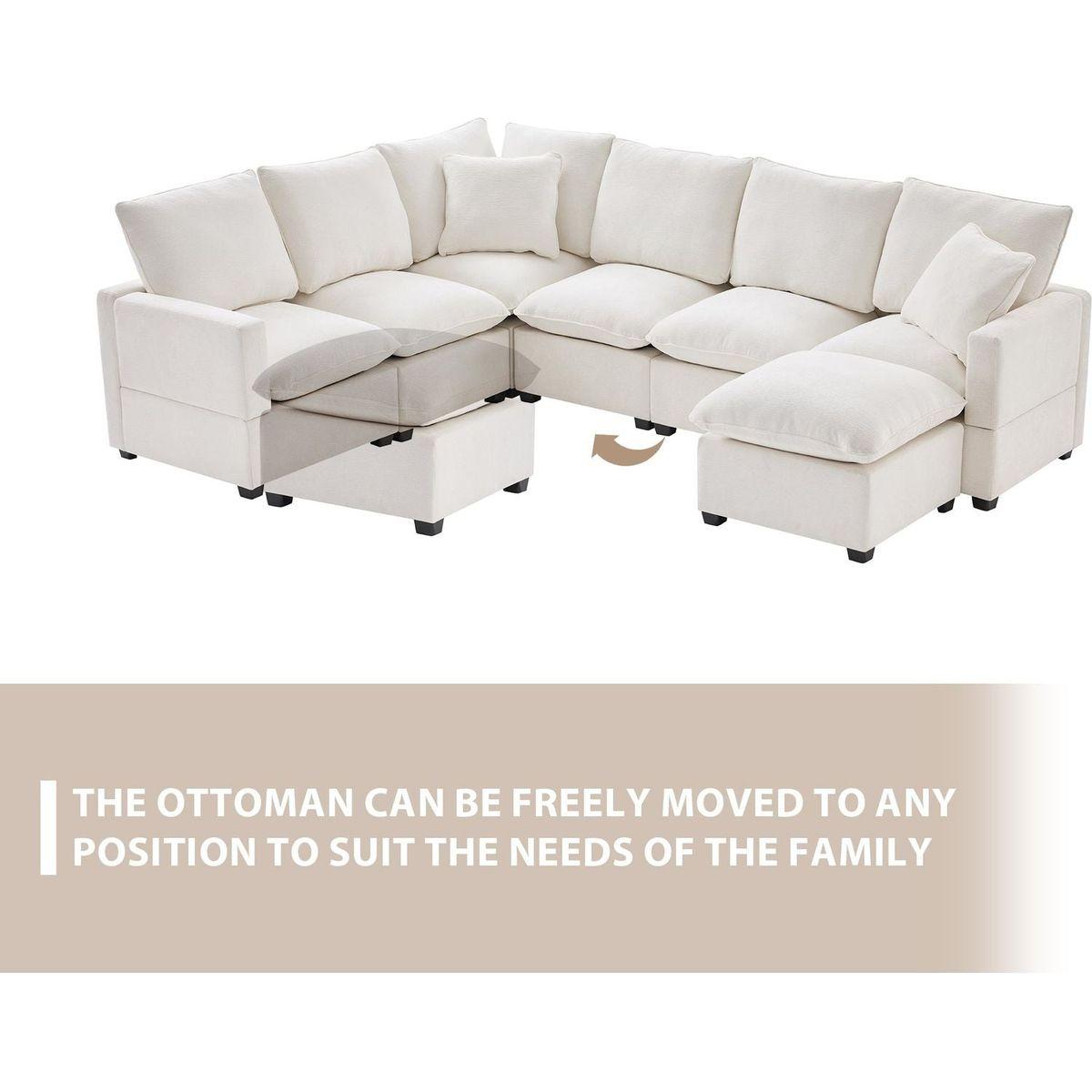 110x84" Modern U Shape Modular Sofa, 7 Seat Chenille Sectional Couch Set with 2 Pillows Included, Freely Combinable Indoor Funiture for Living Room, Apartment, Office, 2 Colors