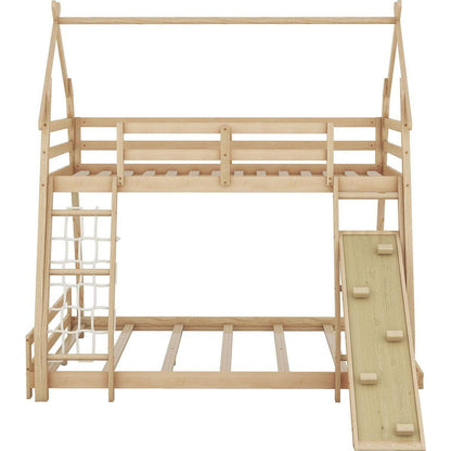 Twin over Queen House Bunk Bed with Climbing Nets and Climbing Ramp, Natural