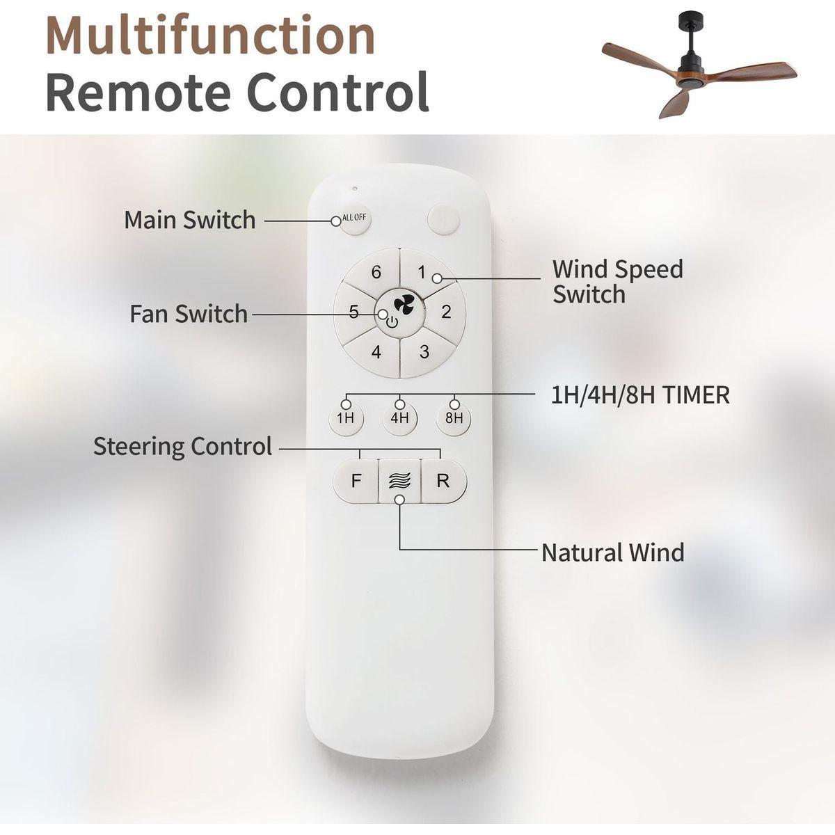 48 Inch Ceiling Fan Without Light, 3 Solid Wood Blades Outdoor Ceiling Fan 6-speed Reversible DC Motor for Living Room