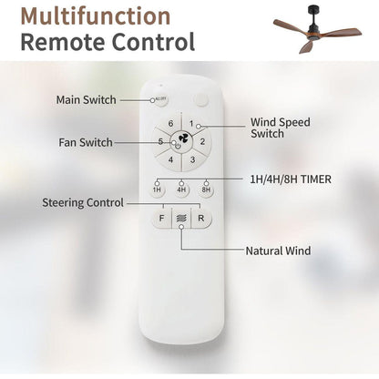 48 Inch Ceiling Fan Without Light, 3 Solid Wood Blades Outdoor Ceiling Fan 6-speed Reversible DC Motor for Living Room