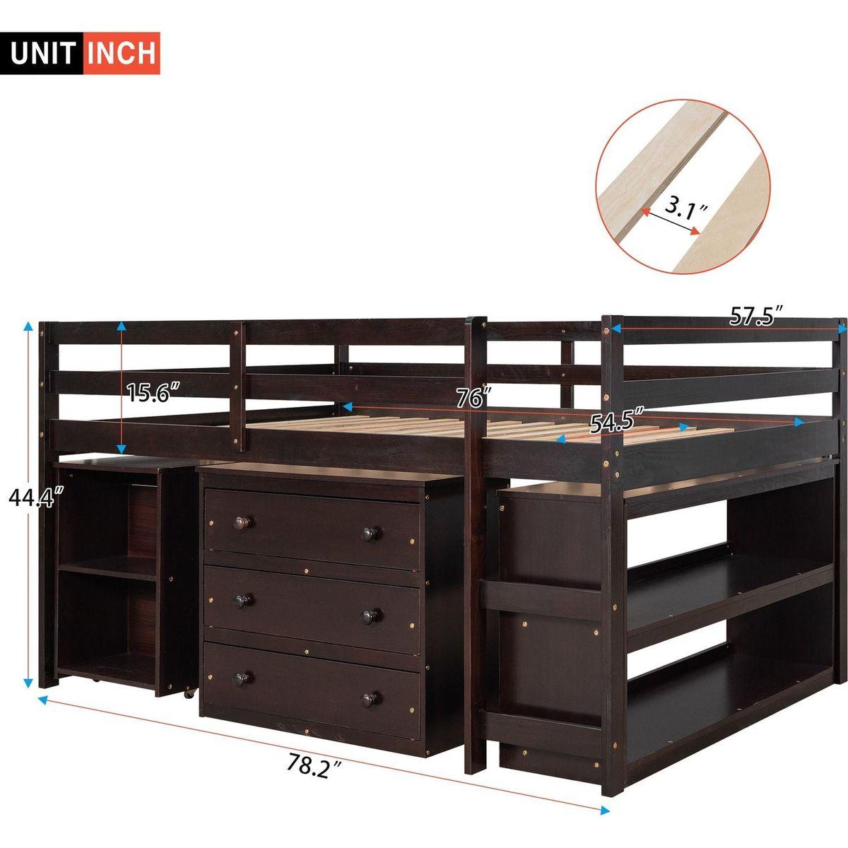 Low Study Full Loft Bed with Cabinet, Shelves and Rolling Portable Desk, Multiple Functions Bed- Espresso
