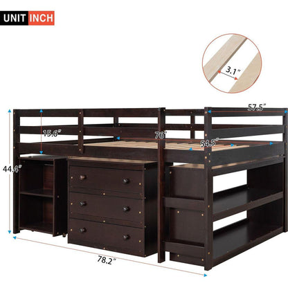 Low Study Full Loft Bed with Cabinet, Shelves and Rolling Portable Desk, Multiple Functions Bed- Espresso