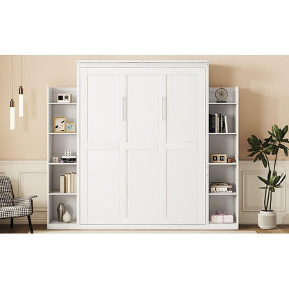 Queen Size Murphy Bed Wall Bed with Shelves and LED Lights,White