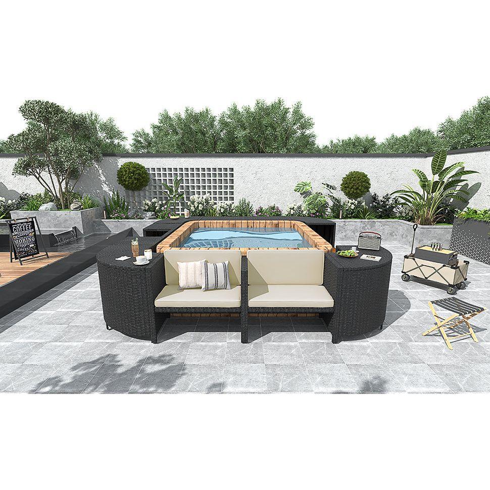 Spa Surround Spa Frame Quadrilateral Outdoor Rattan Sectional Sofa Set with Mini Sofa,Wooden Seats and Storage Spaces, Beige