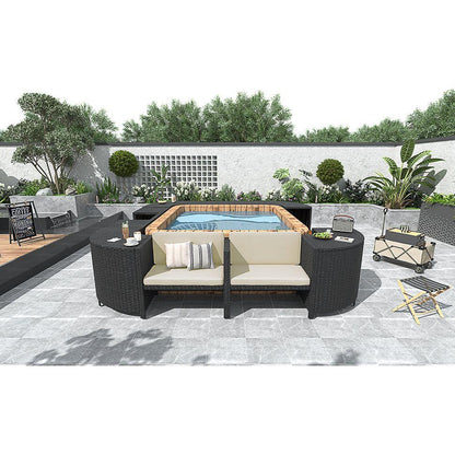 Spa Surround Spa Frame Quadrilateral Outdoor Rattan Sectional Sofa Set with Mini Sofa,Wooden Seats and Storage Spaces, Beige