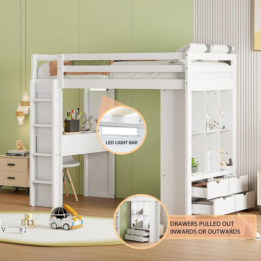 Twin Size Loft Bed with large shelves, writing desk and LED Light, White