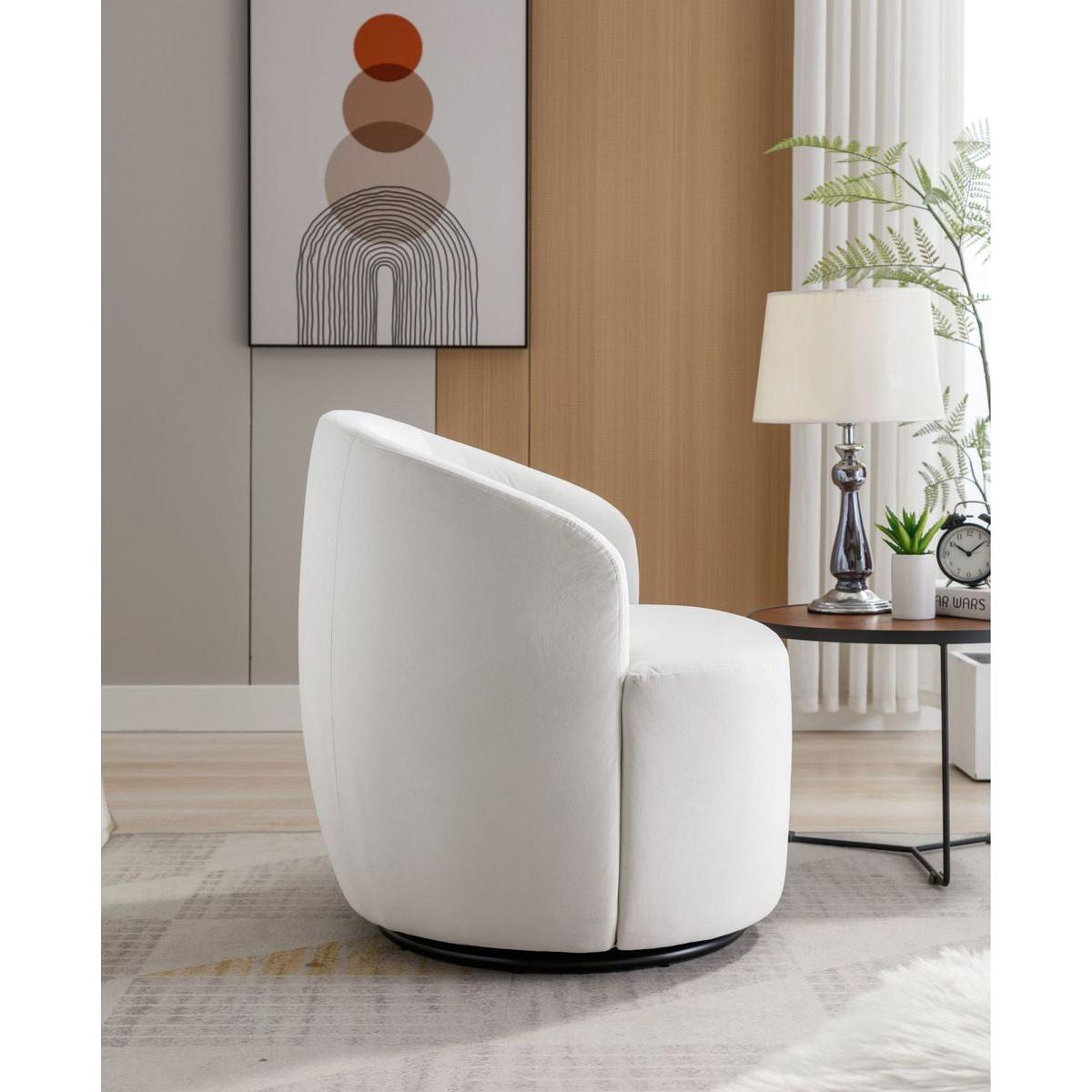 Velvet Fabric Swivel Accent Armchair Barrel Chair With Black Powder Coating Metal Ring,White