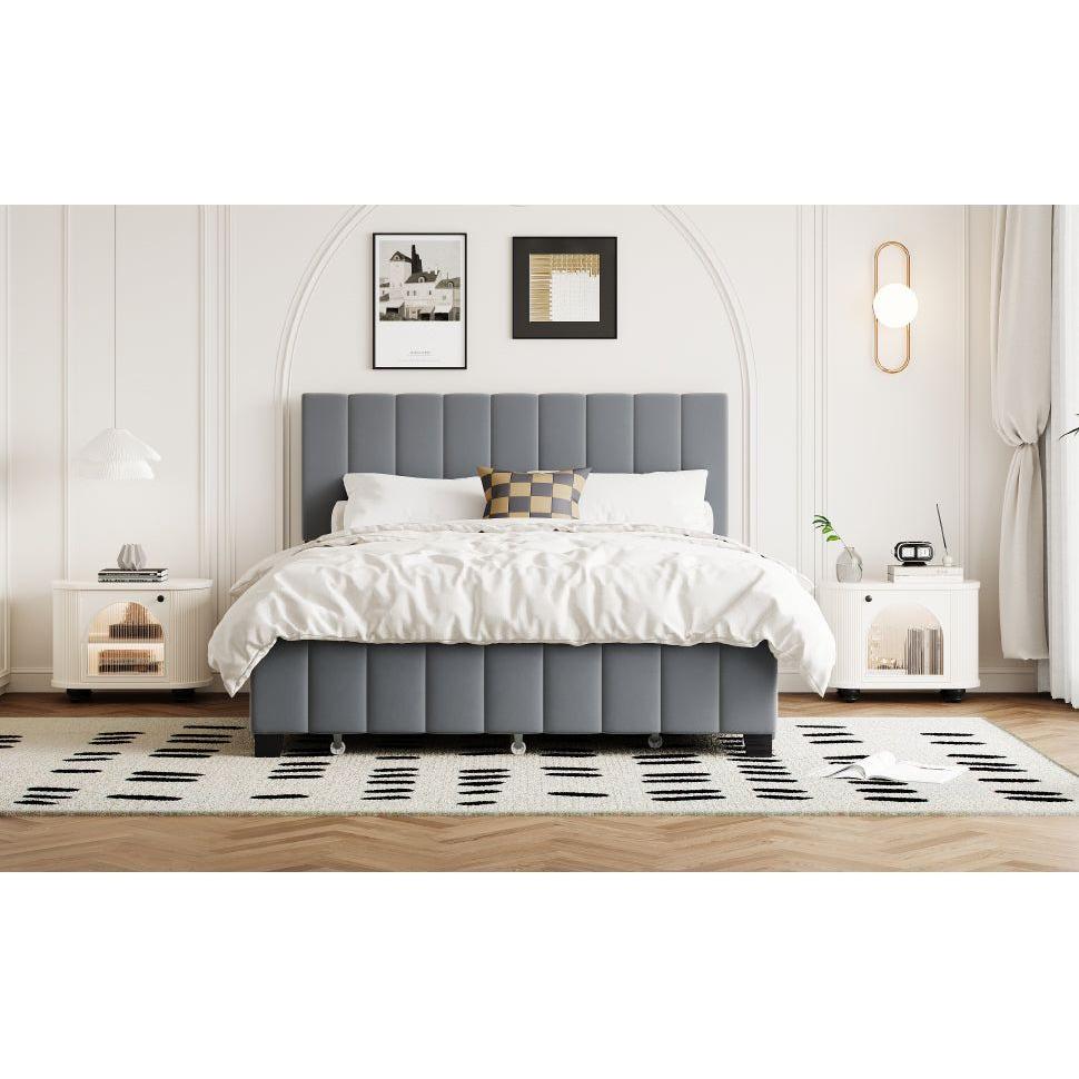 Queen Size Velvet Upholstered Platform Bed with 2 Drawers and 1 Twin XL Trundle- Gray - Streamdale Furniture