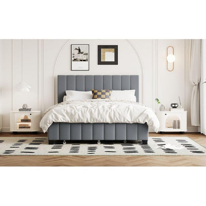 Queen Size Velvet Upholstered Platform Bed with 2 Drawers and 1 Twin XL Trundle- Gray - Streamdale Furniture