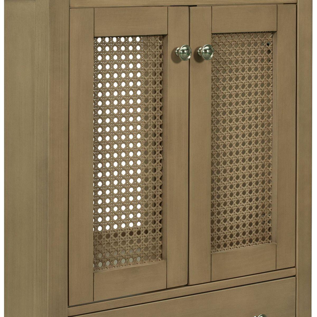24" Bathroom Vanity with Ceramic Basin, Rattan Bathroom Storage Cabinet with Two Doors and Drawer, Solid Frame, Natural