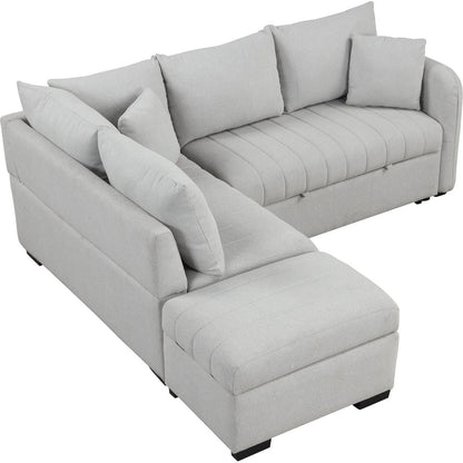 82.6" L-shaped Sectional Pull Out Sofa Bed Sleeper Sofa with Two USB Ports, Two Power Sockets and a Movable Storage Ottoman, Gray