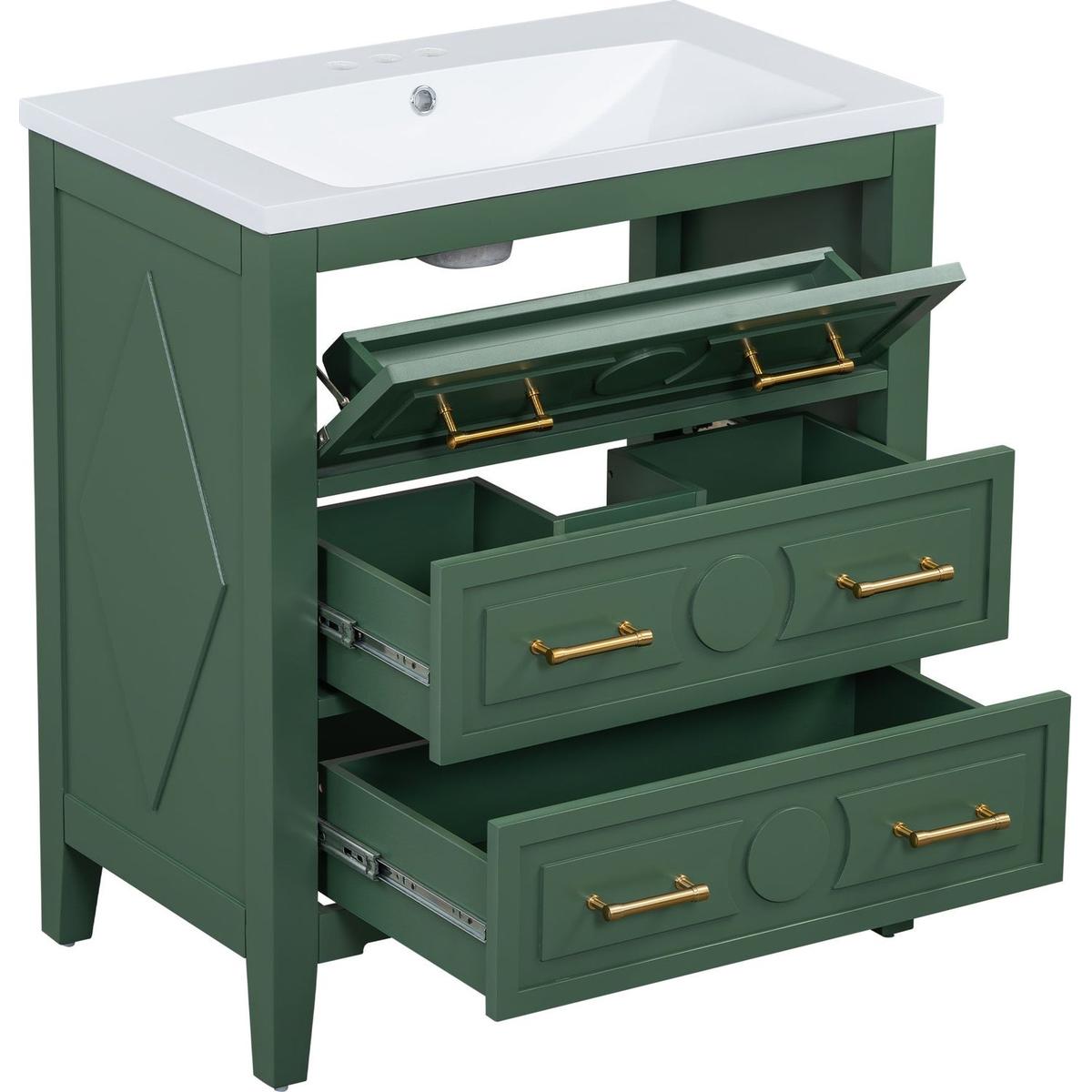 30" Bathroom Vanity with Resin Sink Combo, Free Standing Single Vanity Set with 3 Drawers, Solid Wood Frame Bathroom Storage Cabinet, Green