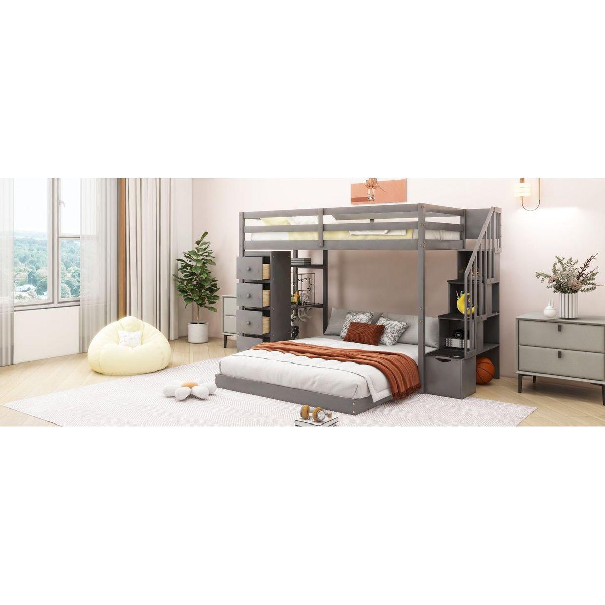 Twin Over Full Bunk Bed with 3-layer Shelves, Drawers and Storage Stairs, Gray
