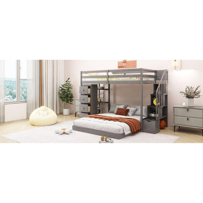 Twin Over Full Bunk Bed with 3-layer Shelves, Drawers and Storage Stairs, Gray