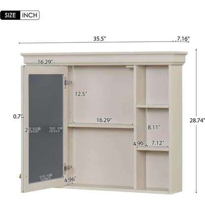 35" x 28" Blue Wall Mounted Bathroom Storage Cabinet with Mirror Door, Modern Bathroom Wall Cabinet with Mirror, Medicine Cabinet with 6 Open Shelves