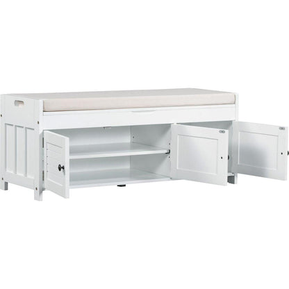 Storage Bench with 3 Shutter-shaped Doors, Shoe Bench with Removable Cushion and Hidden Storage Space (White
