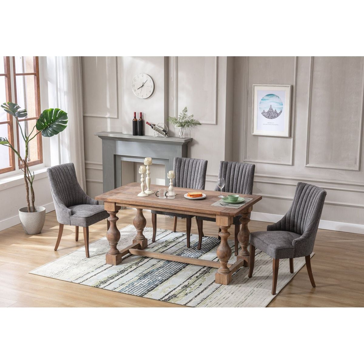 Exquisite Gray Linen Fabric Upholstered Strip Back Dining Chair with Solid Wood Legs 2 Pcs