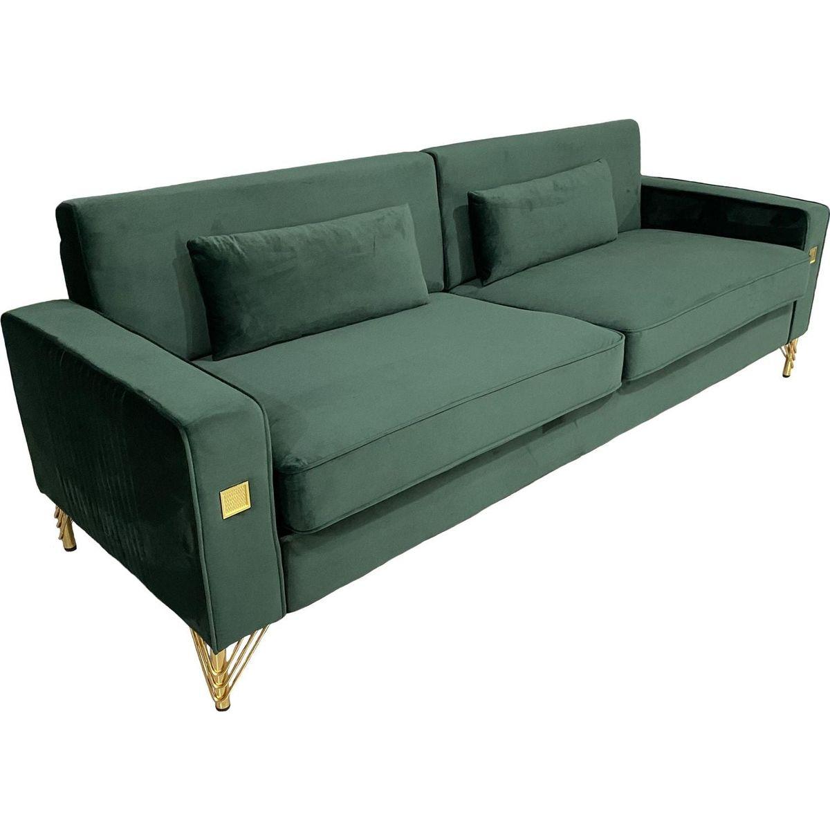 FX-P18-RG2(SOFA) Luxury Emerald Green Velvet Sofa with Gold Accents - Modern 3-Seat Couch with Plush Cushions, Perfect for Living Room and Office Decor