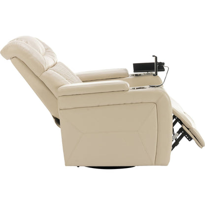 270 Degree Swivel PU Leather Power Recliner Individual Seat Home Theater Recliner with Comforable Backrest, Tray Table, Phone Holder, Cup Holder, USB Port, Hidden Arm Storage for Living Room, White