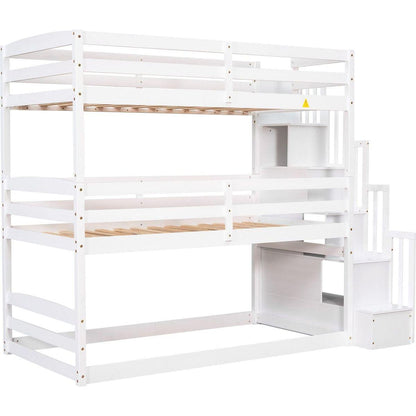 Twin Size Triple Bunk Bed with Storage Staircase,Separate Design,White