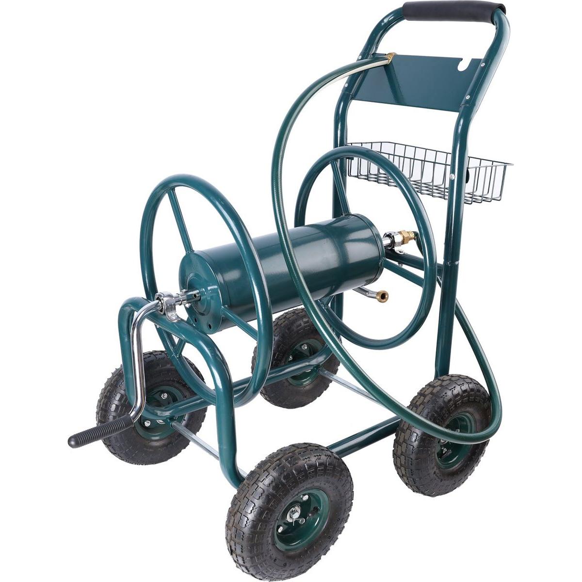 Garden Hose Reel Cart - 4 Wheels Portable Garden Hose Reel Cart with Storage Basket Rust Resistant Heavy Duty Water Hose Holder