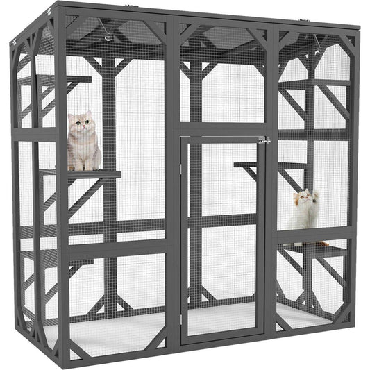 Catio Outdoor Cat Enclosure Cat House Wooden Cat Cage Large Feral Cat Shelter for Mulitiple Cats with Six Platforms, Large Enter Door, Waterproof Roof 60" Grey