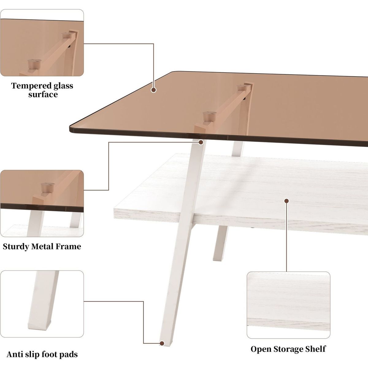 Rectangle Coffee Table, Tempered Glass Tabletop with White Metal Legs, Modern Table for Living Room, Brown Glass