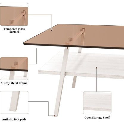 Rectangle Coffee Table, Tempered Glass Tabletop with White Metal Legs, Modern Table for Living Room, Brown Glass