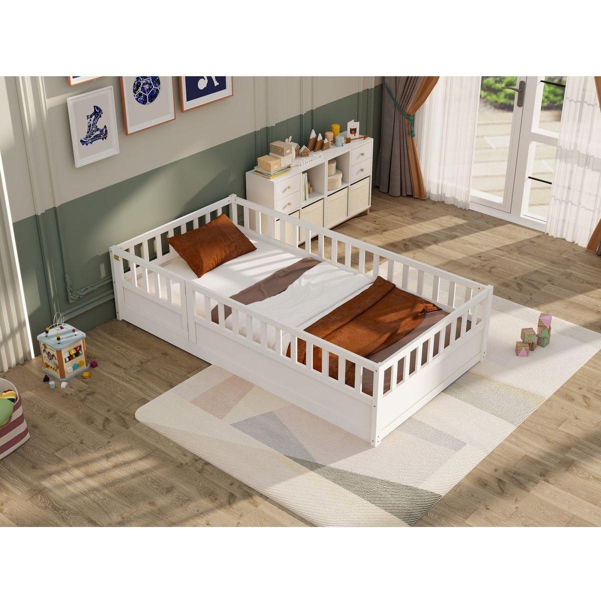 Twin Size Floor bed, integral construction with super high security barrier, door, children's floor bed frame, Montessori wooden children's floor bed, white