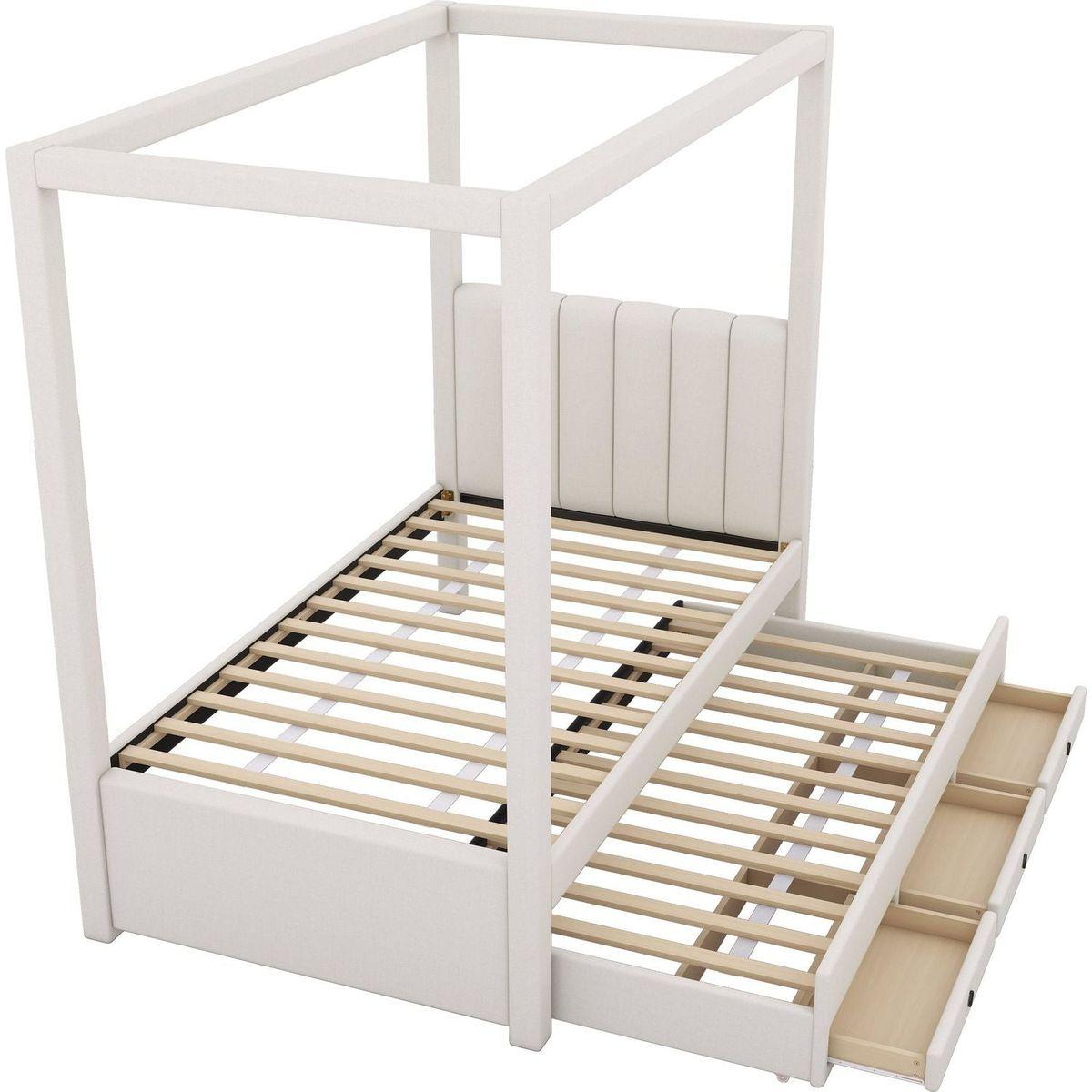 Twin Size Upholstery Canopy Platform Bed with Trundle and Three Storage Drawers, Beige