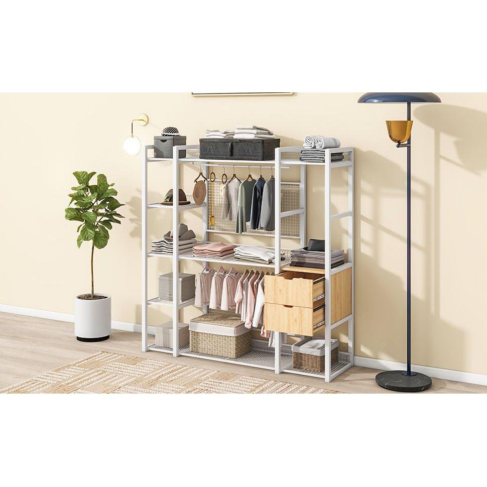 Open-Style Wardrobe with Hanging Rails, Shelves and Drawers, White