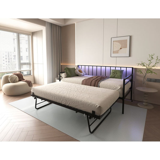 Twin Daybed with RGB LED Lights & Charging Station, Height Adjustable Day Bed Frame with Trundle, Versatile Metal Sofa Bed Frame for Bedroom, Living Room, Guest Room, Black
