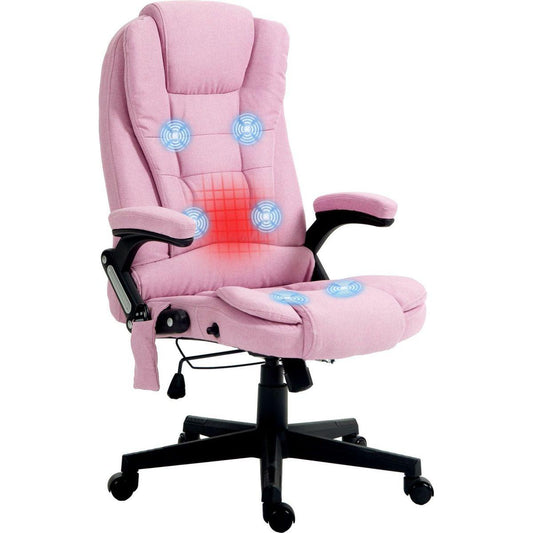 6 Point Vibrating Massage Office Chair with Heat, Linen High Back Executive Office Chair with Reclining Backrest, Padded Armrests and Remote, Pink