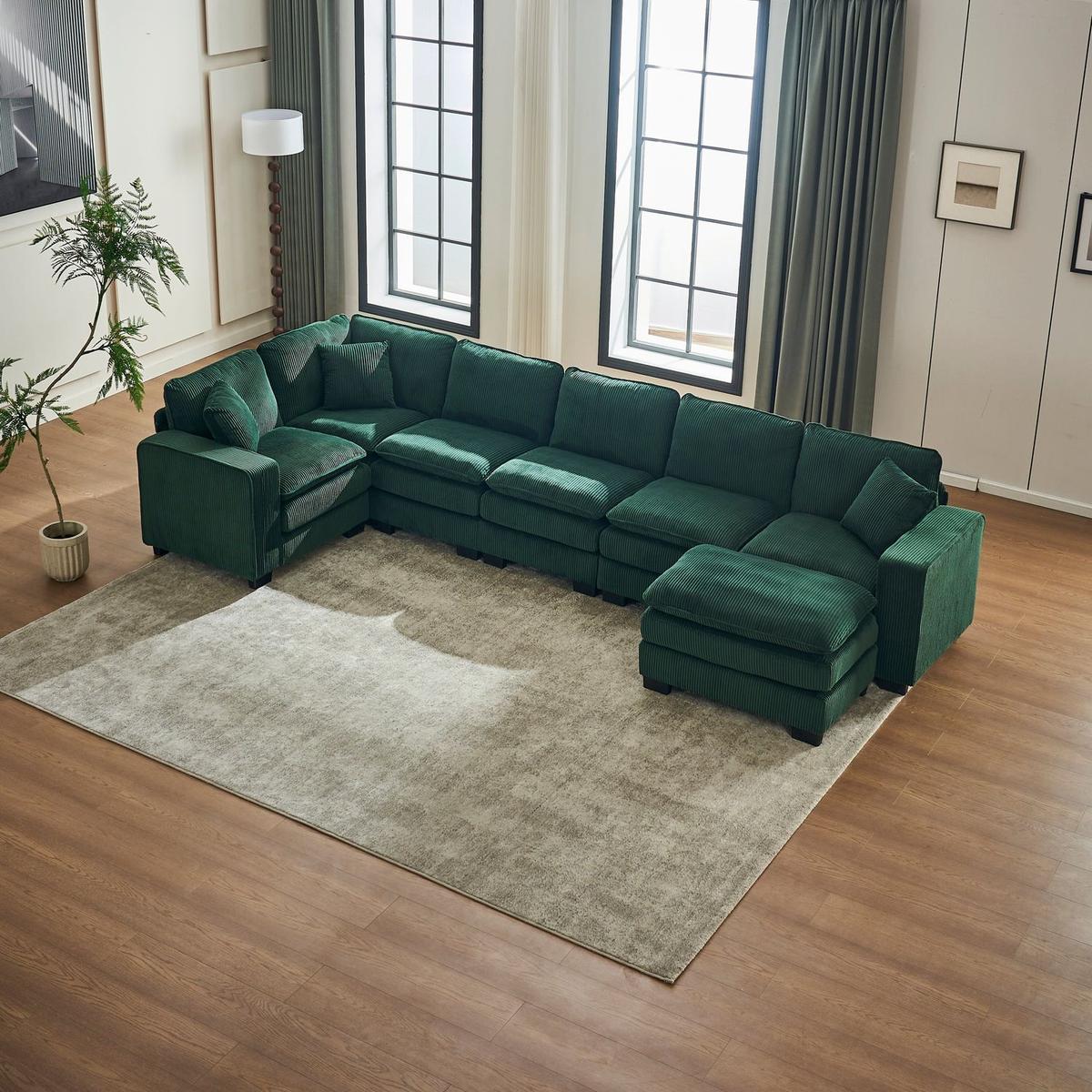 Modern U Shaped 6-seat Sectional Sofa Couch with one Ottoman and three toss pillows, Modular Sofa for Living Room,Corduroy sofa