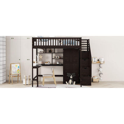 Full size Loft Bed with Bookshelf,Drawers,Desk,and Wardrobe-Espresso