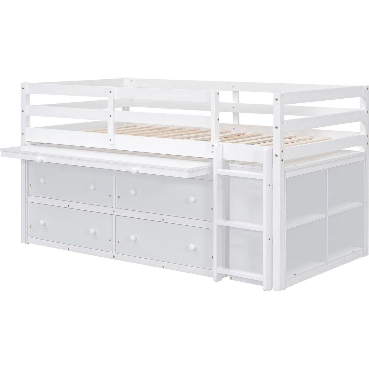 Twin Size Loft Bed with Retractable Writing Desk and 4 Drawers, Wooden Loft Bed with Lateral Portable Desk and Shelves, White