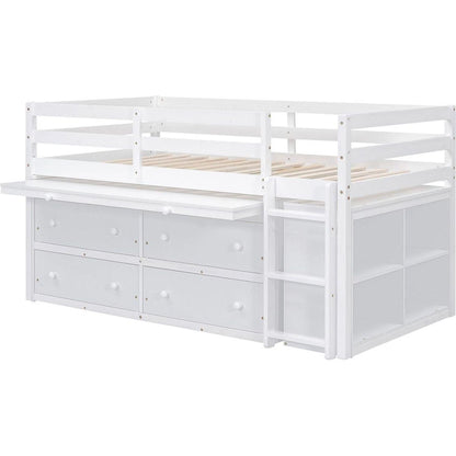 Twin Size Loft Bed with Retractable Writing Desk and 4 Drawers, Wooden Loft Bed with Lateral Portable Desk and Shelves, White