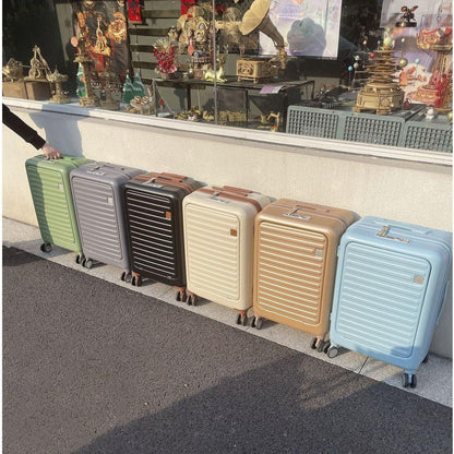 Front Opening 20-Inch Carry-On Luggage with Expandable Travel Bag Set, ABS Hard Shell Two-piece suitcase set with USB Port, Cup Holder, ivory and brown