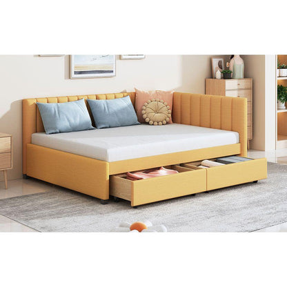 Full Size Upholstered Daybed with 2 Storage Drawers Sofa Bed Frame No Box Spring Needed, Linen Fabric (Yellow)