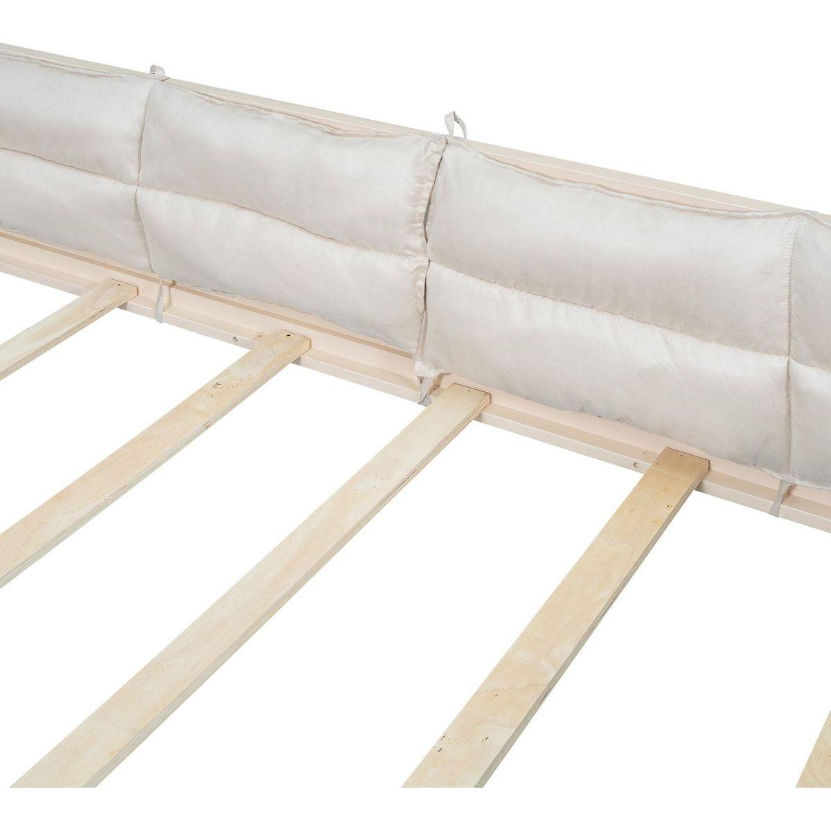 Wood Full Size Upholstered Platform Bed with Guardrail and Pillow, Beige