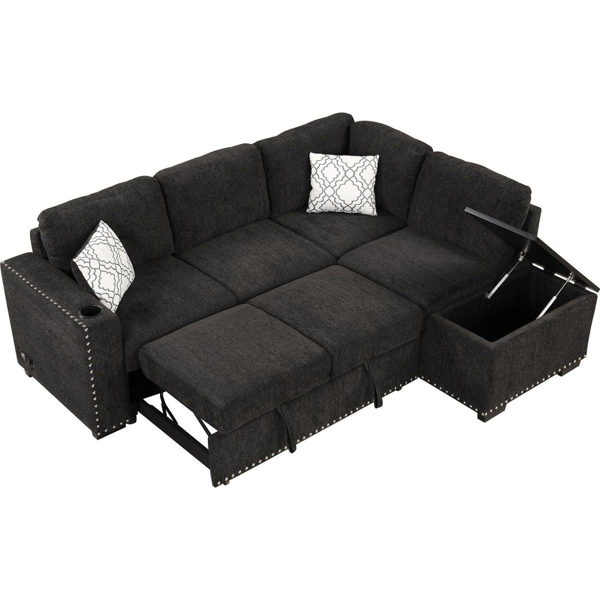 83.8" Reversible Sectional Pull-Out Sofa Bed L-Shaped Corner Sofa Couch with Storage Chaise, USB Ports, Power Sockets, Cup Holder for Living Room, Bedroom, Study, Black