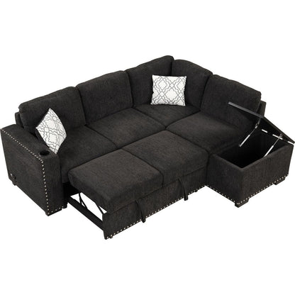 83.8" Reversible Sectional Pull-Out Sofa Bed L-Shaped Corner Sofa Couch with Storage Chaise, USB Ports, Power Sockets, Cup Holder for Living Room, Bedroom, Study, Black