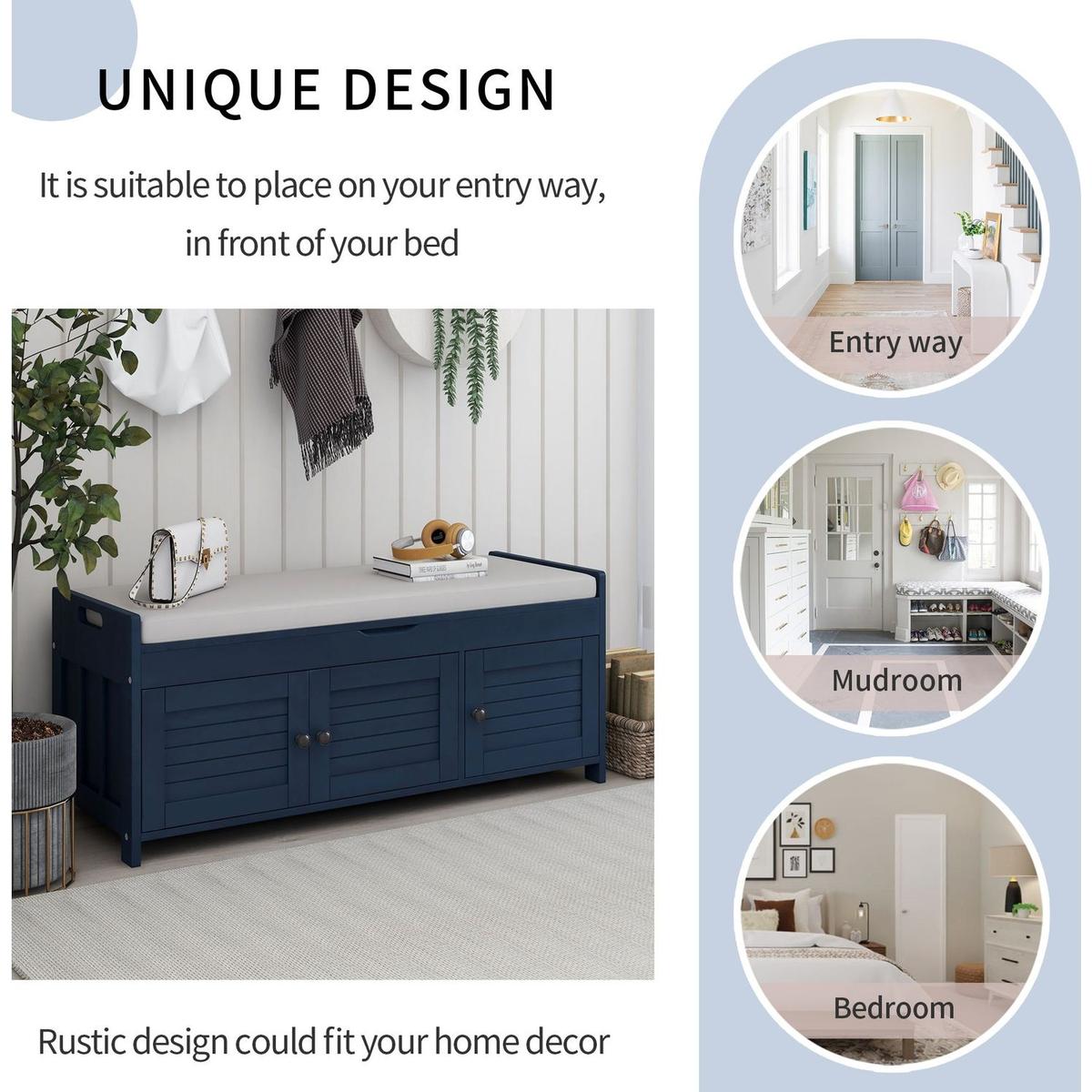 Storage Bench with 3 Shutter-shaped Doors, Shoe Bench with Removable Cushion and Hidden Storage Space (Antique Navy