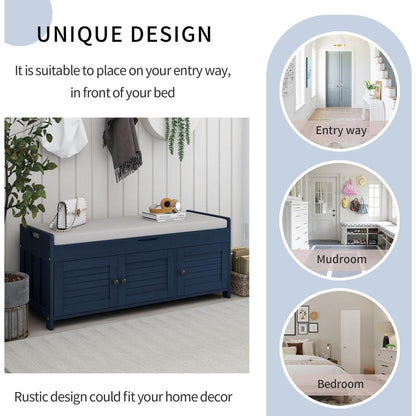 Storage Bench with 3 Shutter-shaped Doors, Shoe Bench with Removable Cushion and Hidden Storage Space (Antique Navy