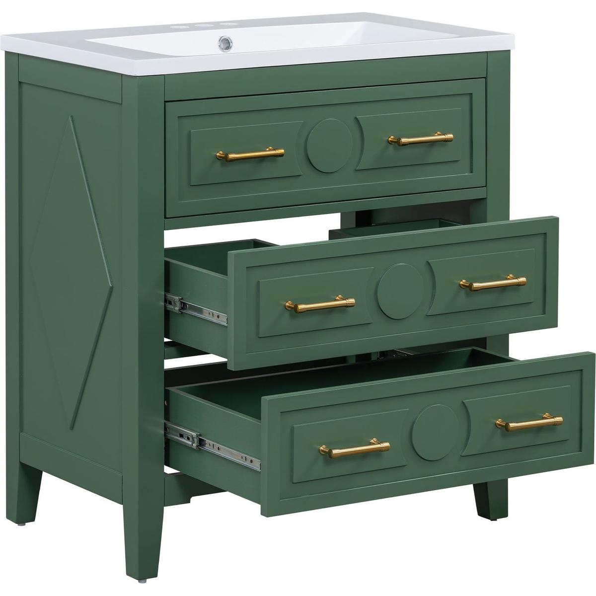 30" Bathroom Vanity with Resin Sink Combo, Free Standing Single Vanity Set with 3 Drawers, Solid Wood Frame Bathroom Storage Cabinet, Green