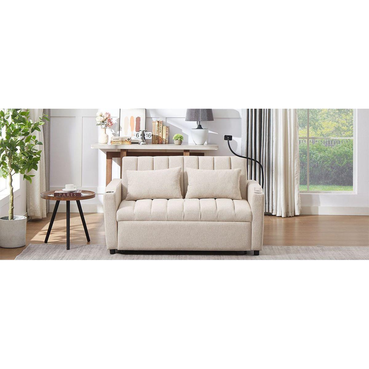 55.9" Convertible Sofa Bed Loveseat Sofa with Three USB Ports, Two Side Pockets, Two Cup Holders and 360Swivel Phone Holder for Living Room, Beige