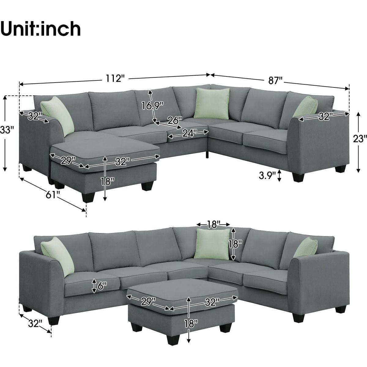 112x87" Sectional Sofa Couches Living Room Sets, 7 Seats Modular Sectional Sofa with Ottoman, L Shape Fabric Sofa Corner Couch Set with 3 Pillows, Grey(New of GS008210AAG)