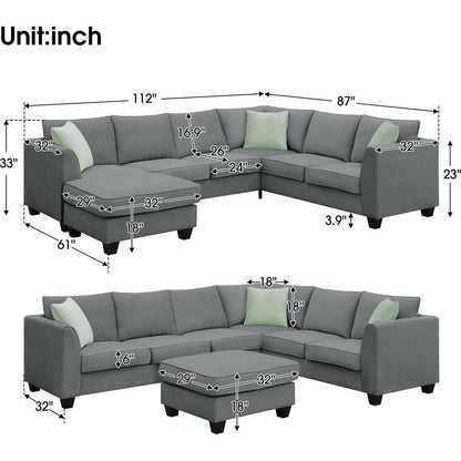 112x87" Sectional Sofa Couches Living Room Sets, 7 Seats Modular Sectional Sofa with Ottoman, L Shape Fabric Sofa Corner Couch Set with 3 Pillows, Grey(New of GS008210AAG)